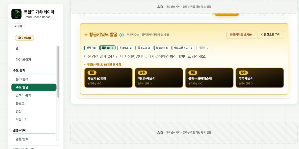 수요 발굴 · 상품 키워드의 수요와 경쟁을 확인하고 제휴 글감을 고릅니다